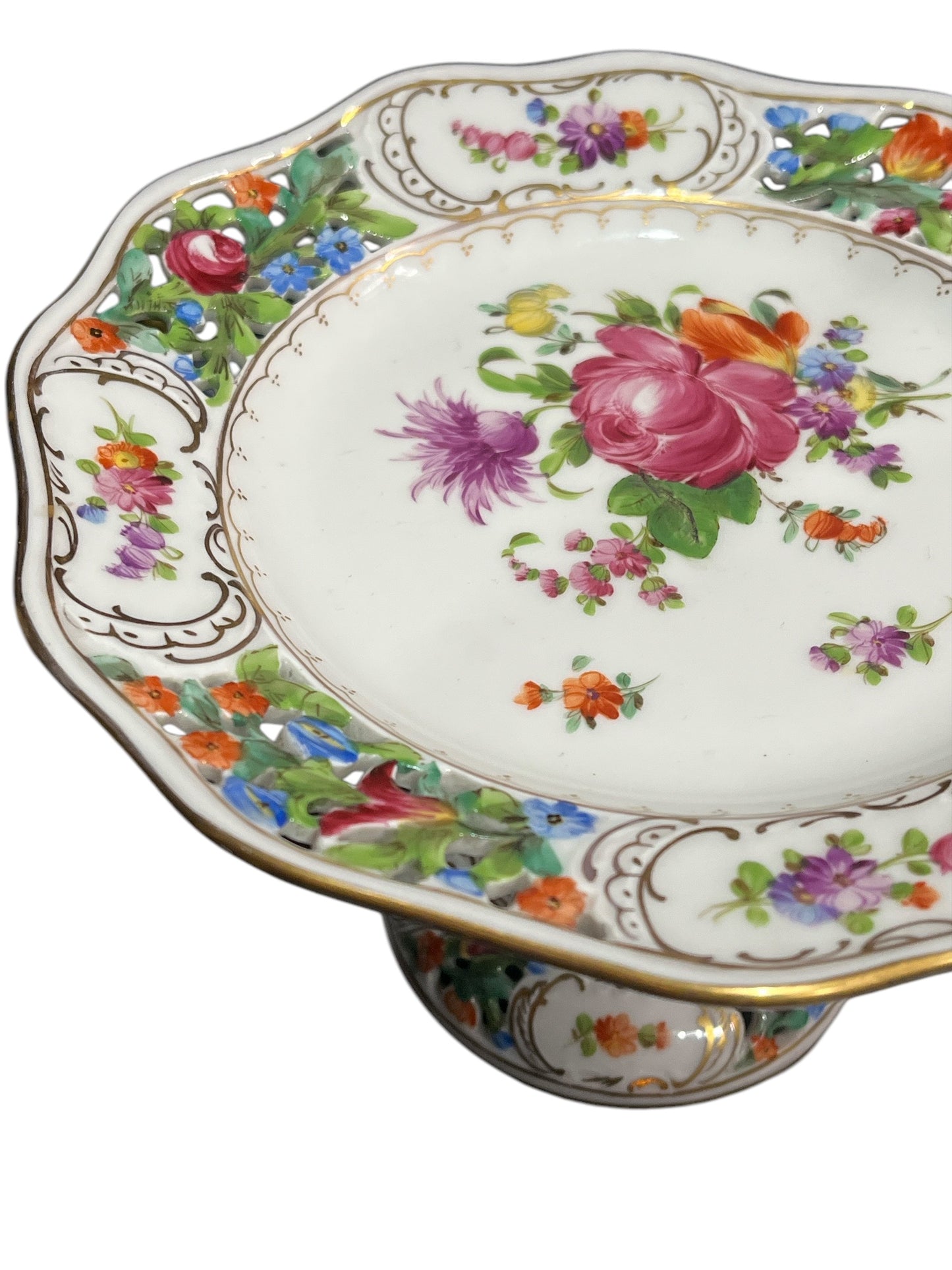 Dresden Carl Thieme Hand Painted Floral Reticulated Compote