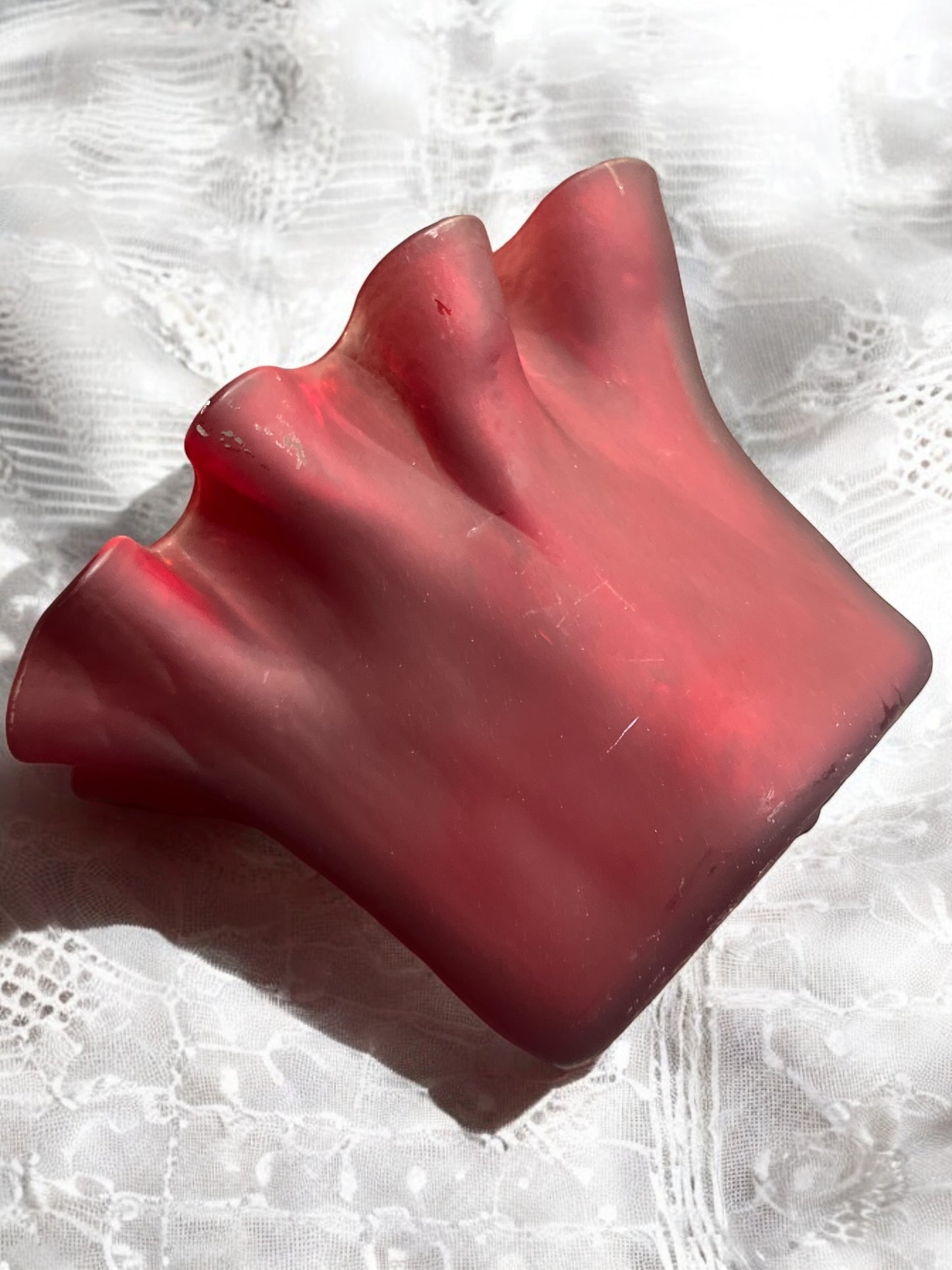 Vintage Frosted Red Muurla Art Glass Handkerchief Ruffled Vase (Finland)