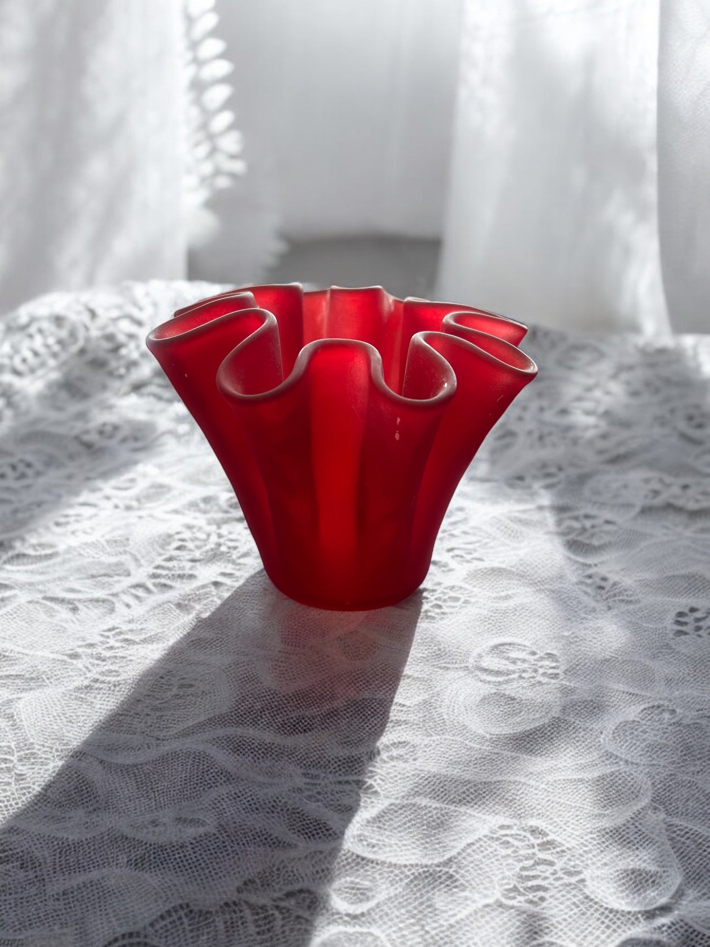 Vintage Frosted Red Muurla Art Glass Handkerchief Ruffled Votive/Vase (Finland)