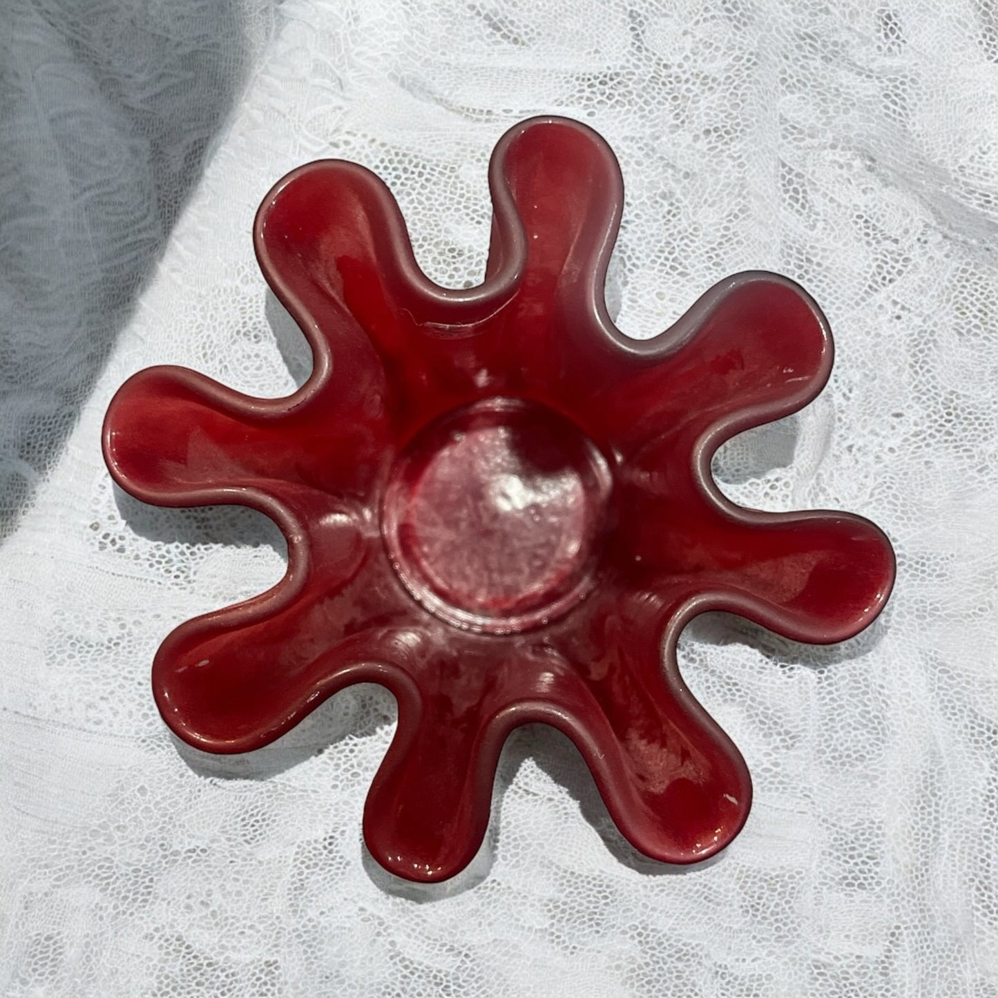 Vintage Frosted Red Muurla Art Glass Handkerchief Ruffled Votive/Vase (Finland)