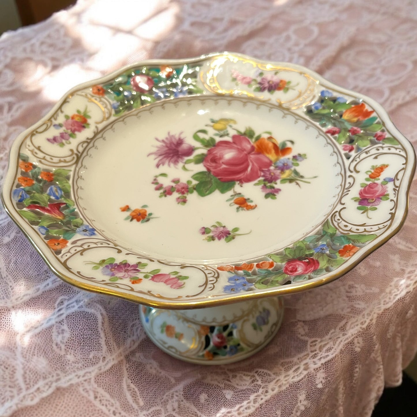 Dresden Carl Thieme Hand Painted Floral Reticulated Compote