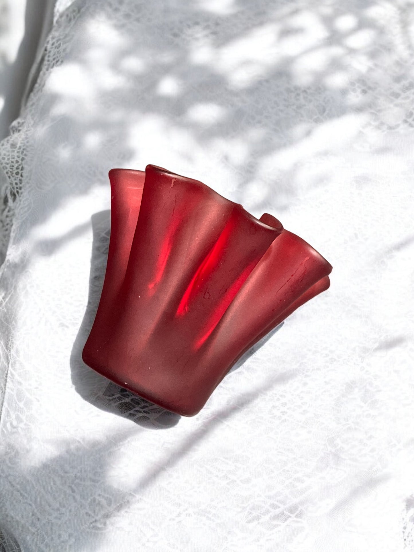 Vintage Frosted Red Muurla Art Glass Handkerchief Ruffled Votive/Vase (Finland)