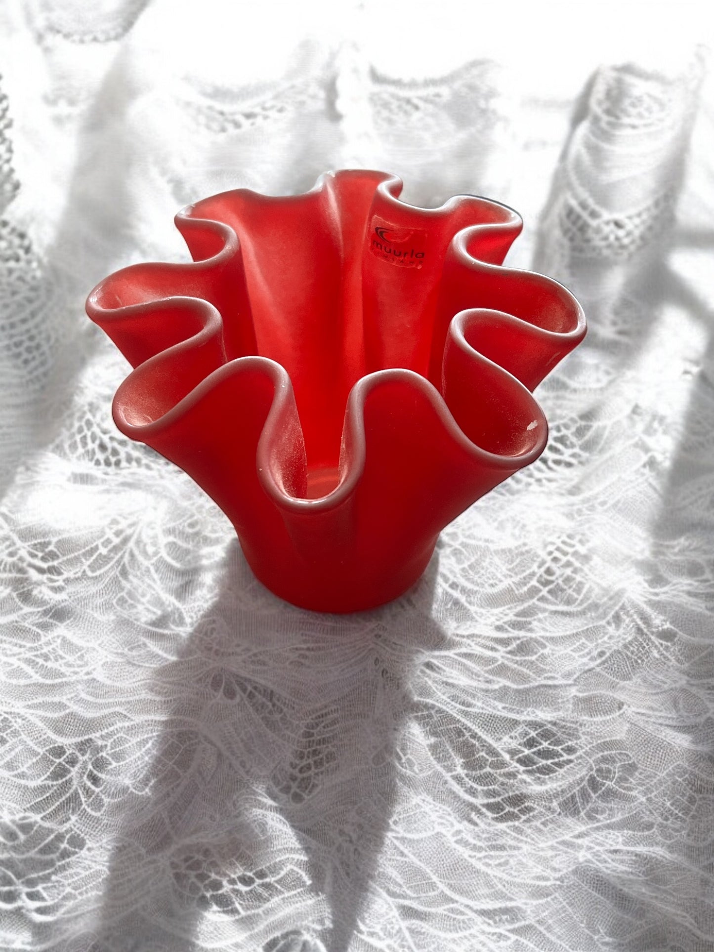 Vintage Frosted Red Muurla Art Glass Handkerchief Ruffled Votive/Vase (Finland)