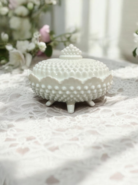 Fenton Hobnail Milk Glass Oval Covered Candy Dish